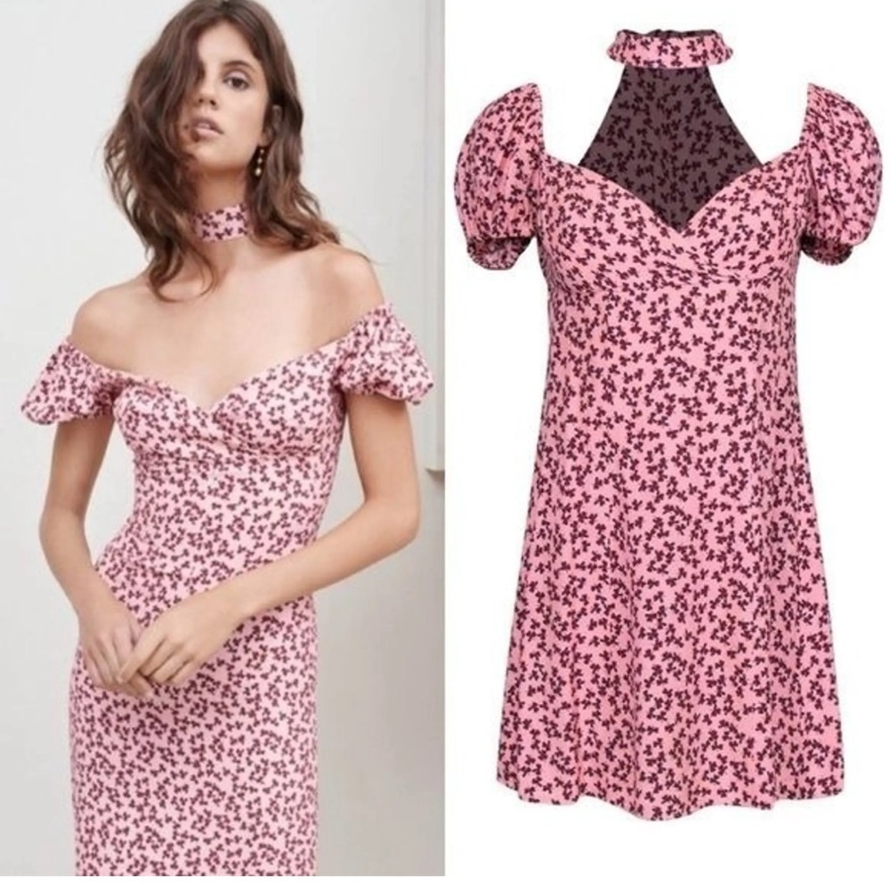 ALEXIS Pink Floral Choker Accent Puff Sleeve Romantic Cottagecore Mini Dress M